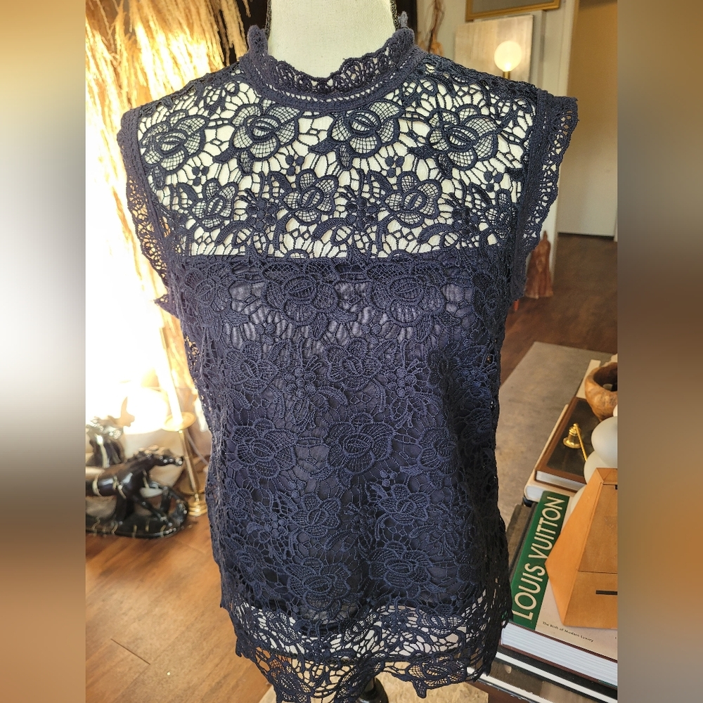 Nanette Lepore Navy Floral Lace Blouse